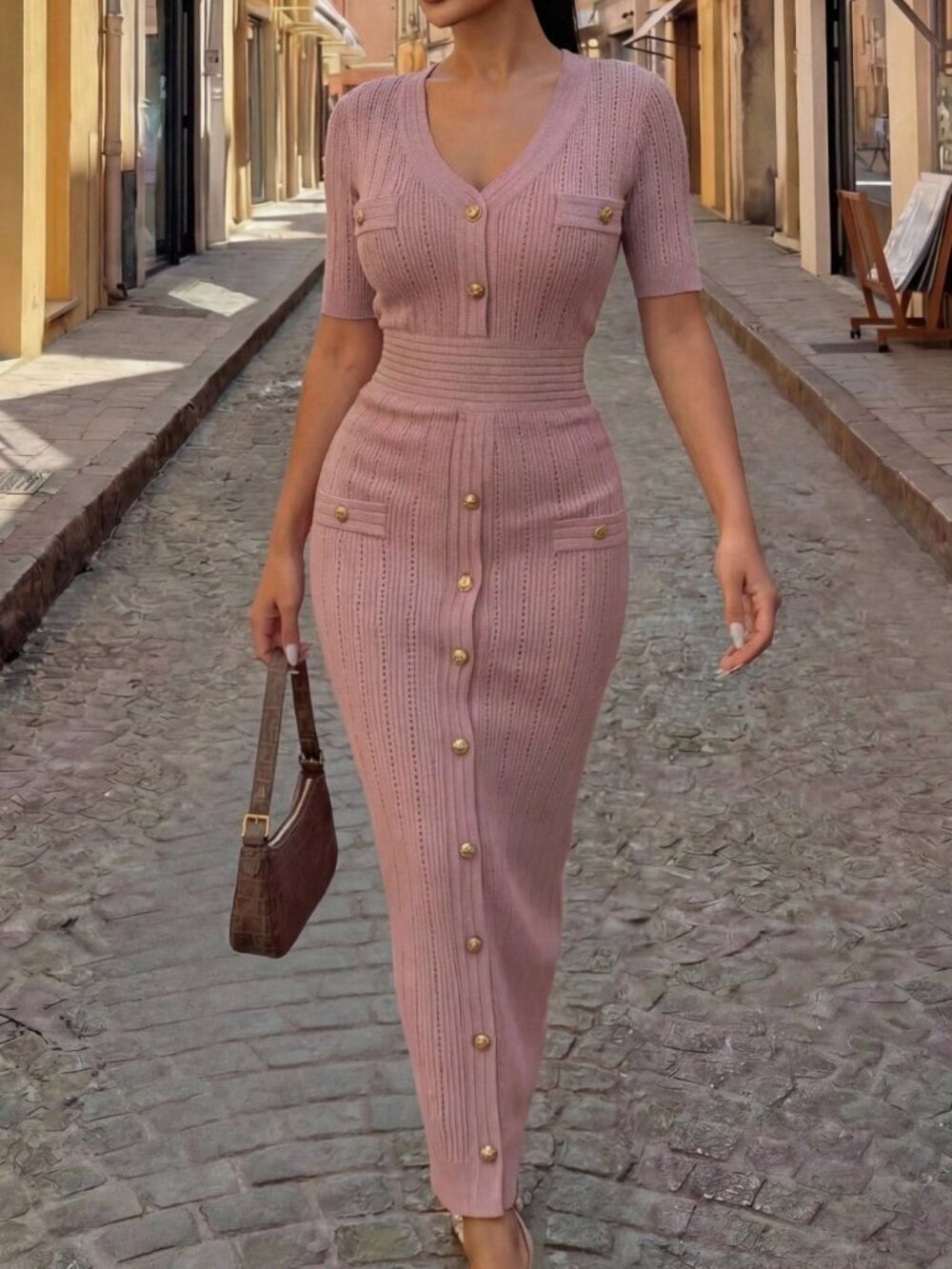 Pink Elegant Women's V-Neck Button Faux Pocket Knit Sweater Dress